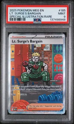 2025 Pokemon Mega Evolution Base #185 SIR Lt. Surge's Bargain PSA 9 Mint - Image 1