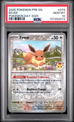 2025 POKEMON PRE EN-PRISMATIC EVOLUTIONS POKEMON DAY 2025 #074 EEVEE PSA 10 - Image 1