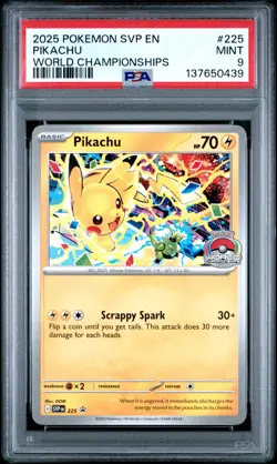 2025 POKEMON SVP EN-SV BLACK STAR PROMO WORLD CHAMPIONSHIPS #225 PIKACHU PSA 9 - Image 1