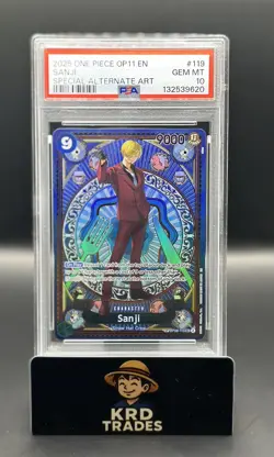 2025 ONE PIECE OP11-A FIST OF DIVINE SPEED #119 SANJI SPECIAL ALT ART PSA 10 GEM - Image 1