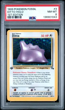 1999 POKEMON FOSSIL 1ST EDITION #3 DITTO-HOLO PSA 8 - Image 1