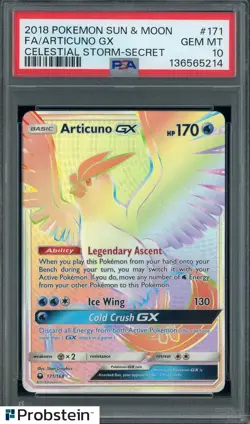 2018 Pokemon SM Celestial Storm #171 Articuno Gx SCR Rainbow Secret PSA 10 - Image 1