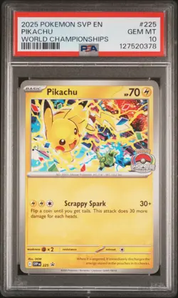 2025 POKEMON SVP EN-SV BLACK STAR PROMO WORLD CHAMPIONSHIPS #225 PIKACHU PSA 10 - Image 1
