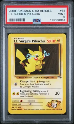 PSA 9 MINT Lt. Surge's Pikachu 081/132 Gym Heroes Pokemon TCG - Image 1