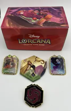 Disney Lorcana Reign of Jafar League Pins, Deck Box, Lore Counter - Elsa, Hook - Image 1
