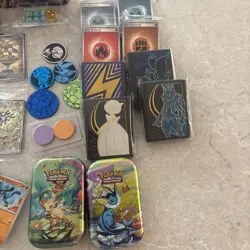 HUGE Pokemon TCG Accessories Lot Promo Card Coins Dice Stickers Tins - Image 4