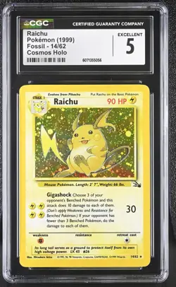 CGC 5 Cosmos Holo Raichu 1999 Fossil 14/62 Error Holo Pokemon Card - Image 1