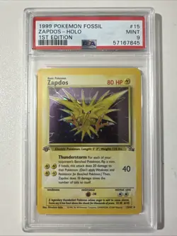 Pokemon PSA 9 1st Edition Zapdos 15/62 Fossil Holo - Image 1