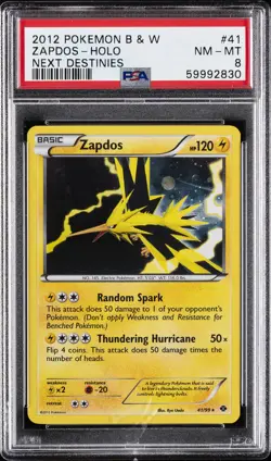 2012 POKEMON B&W NEXT DESTINIES #41 ZAPDOS-HOLO PSA 8 - Image 1
