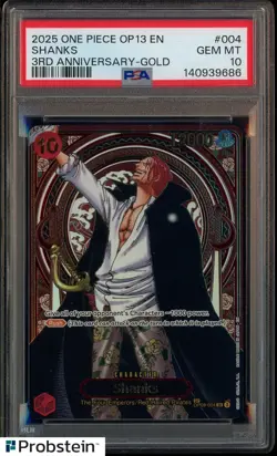 2025 One Piece OP13 EN 3rd Anniversary Gold #004 Shanks PSA 10 GEM MINT - Image 1