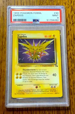 PSA 9 Mint ~ Zapdos #30 ~ 1999 Pokemon Fossil ~ Base Set Unlimited POP 56! - Image 1