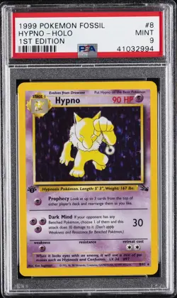 1999 POKEMON FOSSIL 1ST ED #8 HYPNO-HOLO PSA 9 - Image 1