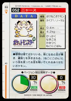 Meowth No. 052 Red Bandai Carddass Series 1-2 R Pokemon Japanese MP - Image 2