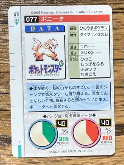 Pokemon Carddass Ponyta No.77 Bandai Pocket Monsters Red ver. 1996 - Image 2