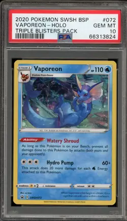 Pokemon Vaporeon Triple Blister Pk. Black Star Holo Promo SWSH072 PSA 10 - Image 1