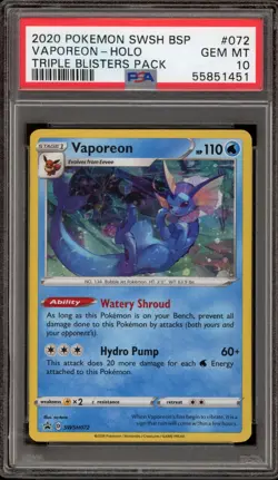 Pokemon Vaporeon Triple Blisters Pk. Black Star Holo Promo SWSH072 PSA 10 - Image 1