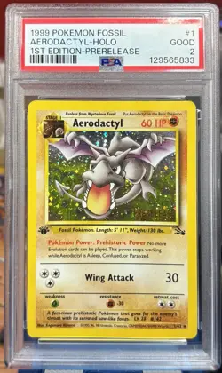 PSA 2 1999 1st Edition Pokemon Fossil Aerodactyl Prerelease Holo No. 1 - Image 1