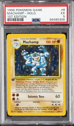 1999 POKEMON GAME 1ST ED #8 MACHAMP-HOLO PSA 5 - Image 1