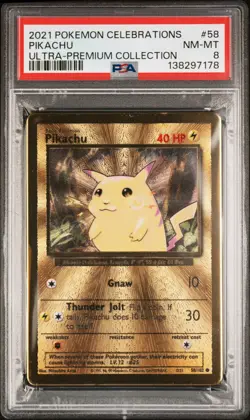 Pikachu 58/102 Gold Metal 2021 Celebrations UPC PSA 8 NM-MT Pokemon Card - Image 1