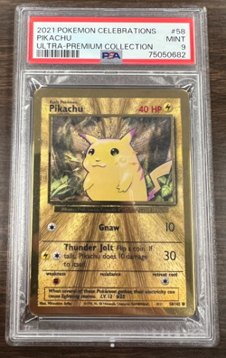 Pikachu ~ 2021 Pokemon PSA Mint 9 Card #58 Celebrations Ultra Premium Gold Metal - Image 1