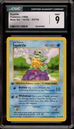Pokemon Squirtle Base Set Shadowless 1st Edition #63 CGC 9 Mint - Image 1