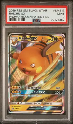 2019 POKEMON SM BLACK STAR PROMO HIDDEN FATES TINS #SM213 RAICHU GX PSA 9 - Image 1