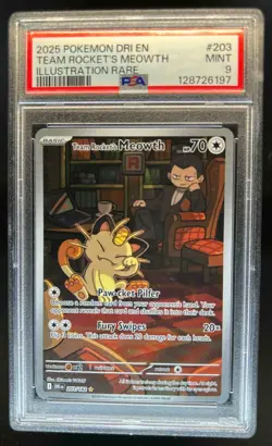 2025 Pokemon SV Destined Rivals DRI EN Team Rocket's Meowth #203/182 PSA 9 - Image 1