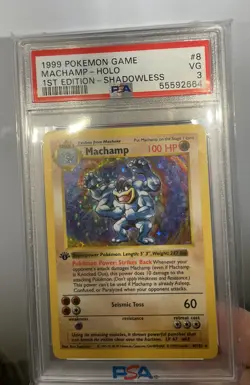 1999 Pokemon Shadowless Base Set 1st Edition Machamp Holo Rare 8/102 #8 PSA 3 VG - Image 2