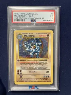 1999 Pokemon Shadowless Base Set 1st Edition Machamp Holo Rare 8/102 #8 PSA 3 VG - Image 3