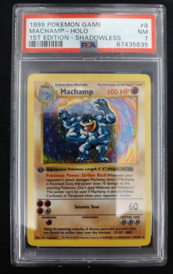 1999 Pokemon Base Set Machamp Holo Shadowless 1st Edition #8 NM PSA 7 - Image 1