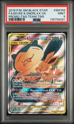 2019 POKEMON SM BLACK STAR PROMO TAG TEAM TINS FULL ART/EEVEE & SNORLAX GX PSA 9 - Image 1