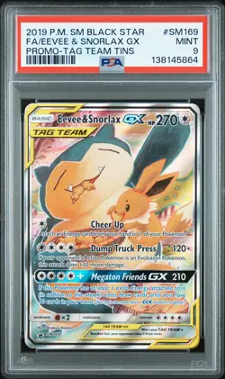 2019 POKEMON SM BLACK STAR PROMO TAG TEAM TINS FULL ART/EEVEE & SNORLAX GX PSA 9 - Image 1
