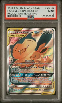 2019 POKEMON SM BLACK STAR PROMO TAG TEAM TINS FULL ART/EEVEE & SNORLAX GX PSA 9 - Image 1