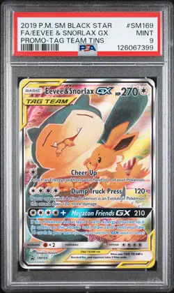 2019 POKEMON SM BLACK STAR PROMO TAG TEAM TINS FULL ART/EEVEE & SNORLAX GX PSA 9 - Image 1
