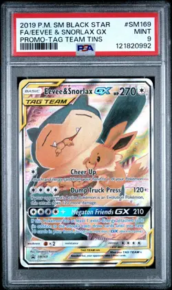2019 POKEMON SM BLACK STAR PROMO TAG TEAM TINS FULL ART/EEVEE & SNORLAX GX PSA 9 - Image 1