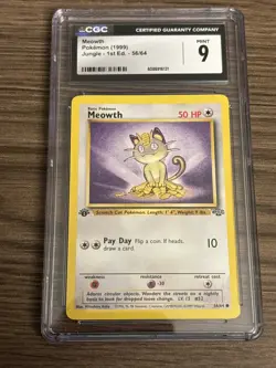 CGC 9 Meowth Pokemon TCG Jungle Card 56/64 1st Edition Common - Image 1