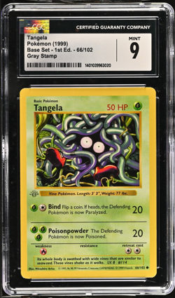 GRAY GREY STAMP Tangela 66/102 1st Edition Pokemon Base Set CGC 9 Mint - Image 1