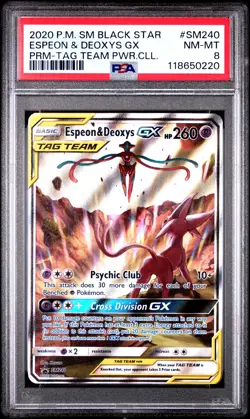 2020 POKEMON SM PROMO TAG TEAM POWERS COLLECTION ESPEON & DEOXYS GX PSA 8 - Image 1