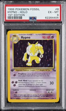 1999 POKEMON FOSSIL 1ST ED #8 HYPNO-HOLO PSA 6 - Image 1