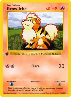 Growlithe Base Set (Shadowless) 028/102 Uncommon Unlimited Pokemon TCG LP - Image 1