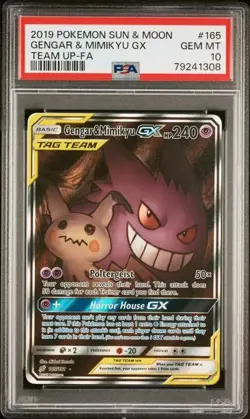 2019 POKEMON SUN & MOON TEAM UP #165 FULL ART/GENGAR & MIMIKYU GX PSA 10 - Image 1