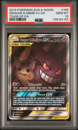 2019 POKEMON SUN & MOON TEAM UP #165 FULL ART/GENGAR & MIMIKYU GX PSA 10 - Image 1