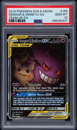 2019 POKEMON SUN & MOON TEAM UP #165 FULL ART/GENGAR & MIMIKYU GX PSA 10 - Image 1