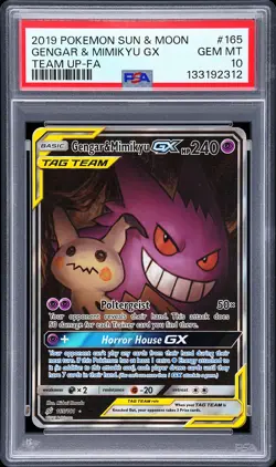 2019 POKEMON SUN & MOON TEAM UP #165 FULL ART/GENGAR & MIMIKYU GX PSA 10 - Image 1
