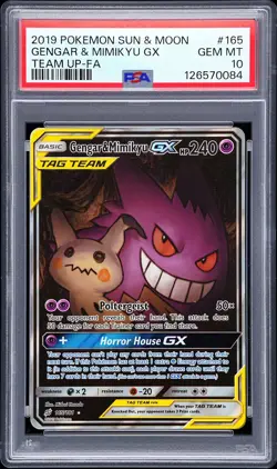 2019 POKEMON SUN & MOON TEAM UP #165 FULL ART/GENGAR & MIMIKYU GX PSA 10 - Image 1