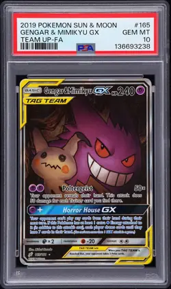2019 POKEMON SUN & MOON TEAM UP #165 FULL ART/GENGAR & MIMIKYU GX PSA 10 - Image 1