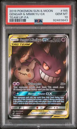 2019 POKEMON SUN & MOON TEAM UP #165 FULL ART/GENGAR & MIMIKYU GX PSA 10 - Image 1