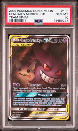 2019 POKEMON SUN & MOON TEAM UP #165 FULL ART/GENGAR & MIMIKYU GX PSA 10 - Image 1
