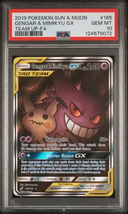 2019 POKEMON SUN & MOON TEAM UP #165 FULL ART/GENGAR & MIMIKYU GX PSA 10 - Image 1