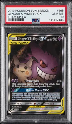 2019 POKEMON SUN & MOON TEAM UP #165 FULL ART/GENGAR & MIMIKYU GX PSA 10 - Image 1